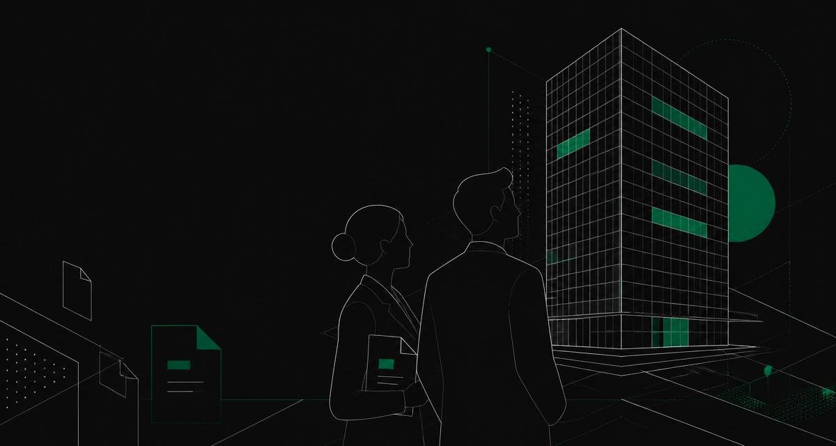 Abstract editorial illustration of two employees and an office block