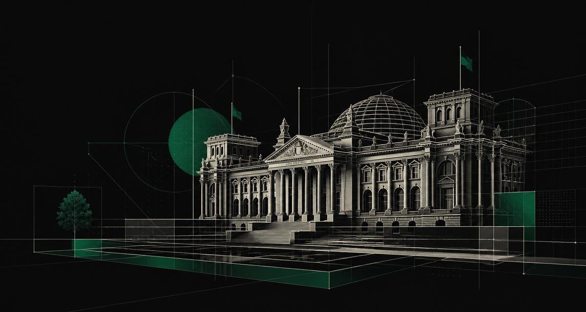 Abstract editorial illustration of a German public building at sunrise
